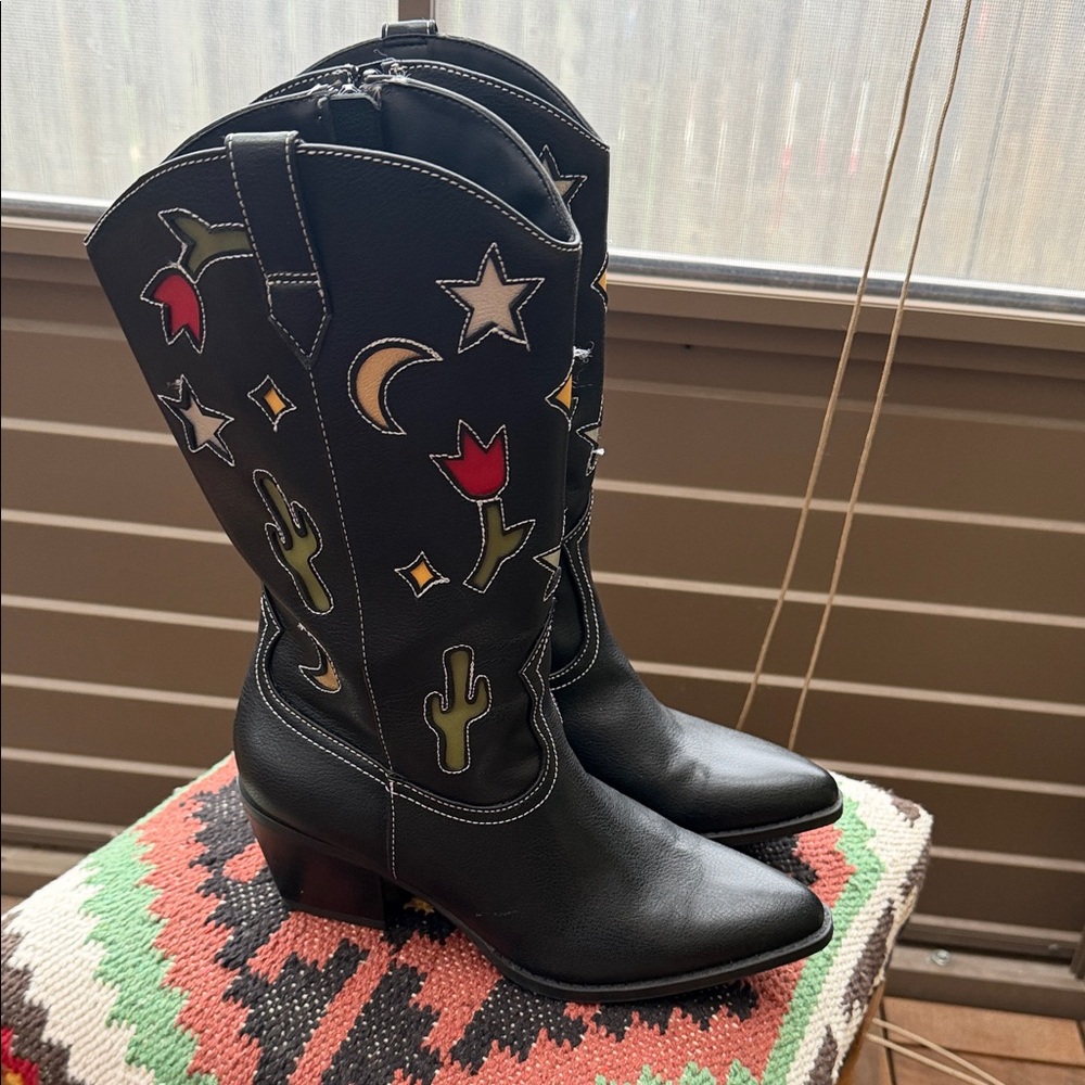No Boundaries Black Western Embroidered Mid-Calf Boots with Multicolor Accents
